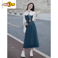 皮爾卡丹（pierre cardin）牛仔連衣裙收腰2025新款娃娃領長裙A字裙女名媛兩件套春秋季搭配 藍色長裙 M