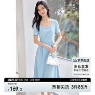 尚都比拉職場連衣裙女夏季收腰中長裙泡泡袖裙子 淺藍色152L80063  XL