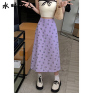 水畔衣人高檔大碼高腰田園風(fēng)小碎花半身裙女胖MM新款中長(cháng)款a字一步包臀裙 紫色 S
