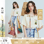 兩三事梵高文藝 弦外智音 2025夏季新款彩繩綁帶領(lǐng)印花短袖t恤女 米杏色 S