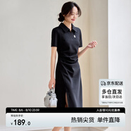 尚都比拉夏季通勤Polo裙腰短袖針織連衣裙女開叉A字裙 黑色142L54627  S