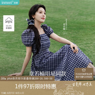茵曼章若楠同款|法式格紋連衣裙夏季女裝百搭泡泡袖a字裙子 藏青藍  S