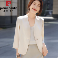 皮爾卡丹（pierre cardin）配旗袍裙子小西裝上衣外搭女短款春秋款時(shí)尚醋酸七分袖西服外套女 香檳色醋酸絲光緞面外套 M 90-110斤