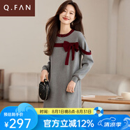 恰凡（QIAFAN）時尚減齡蝴蝶結(jié)設計中長款針織毛衣裙子撞色新穎顯瘦氛圍感連衣裙 灰色 M