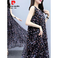 皮爾卡丹（pierre cardin）印花大擺裙女裝背心雪紡連衣裙遮肚子顯瘦飄逸長(zhǎng)裙洋氣沙灘裙 黑 S