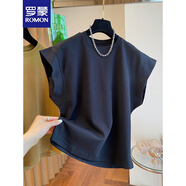 羅蒙（ROMON）韓系設(shè)計(jì)感小眾飛飛袖t恤女簡(jiǎn)約寬松無(wú)袖體恤落肩袖上衣夏季 黑色 2XL 建議140-160斤