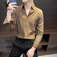 花花公子（PLAYBOY）泡泡紗襯衫男士短袖夏季冰絲痞帥男裝2024新款上衣服男款夏天襯衣 咖啡色  長袖 M 【建議120斤以內(nèi)】