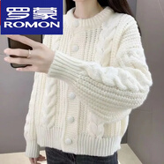 羅蒙（ROMON）羊毛衫女復(fù)古秋季短款羊絨毛衣外套冬款圓領(lǐng)寬松加厚粗毛線毛衣 米白【圓領(lǐng)麻花短開衫】 M 90-100斤