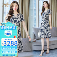 Homesee海外輕奢高端連衣裙絲綢緞面真絲中長(zhǎng)款V領(lǐng)氣質(zhì)桑蠶絲修身裙子 白底藍(lán)花 L