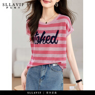 薩拉維夫（SLLAVIF）條紋字母短袖t恤女2025新款夏季洋氣休閑正肩體恤寬松遮肉顯瘦 粉色 M 90-105斤