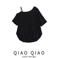 巧丂爵士街舞寬松顯瘦罩衫新款女裝氣質(zhì)慵懶露肩不規則斜肩短袖T恤 黑色 高質(zhì)版 S 建議90-110斤穿