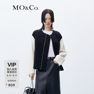 MO&Co.撞色皮袖拼接寬松綿羊毛無(wú)領(lǐng)外套美式風(fēng)格輕軟質(zhì)地夾克大衣 黑色 M 165