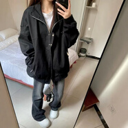 以純 YISHION黑色外套女春秋款2025小眾寬松休閑百搭學(xué)生美式夾克上衣潮 黑色 雙層 有內里 XL