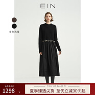 EIN言撞色手作感鉤花縮絨綿羊毛拼接柔霧紗針織連衣裙女秋冬新款 石墨黑 M