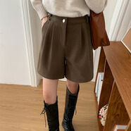 燦沛女士短褲夏季外穿高腰毛呢短褲女2025新款春秋冬外穿大碼胖顯 棕色 380克星空呢 S 建議80-95斤