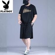 花花公子（PLAYBOY）大碼冰絲速干運動(dòng)t恤短袖短褲休閑套裝男士夏季加肥加大兩件套潮 C035 黑色 4XL 建議180-200斤