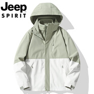 JEEP SPIRIT吉普國際品牌戶(hù)外沖鋒衣三合一女秋冬防風(fēng)防水拼色情侶登山服外套 男款-清抹茶\白 外套+可拆內膽 6XL 男看尺碼表再按碼拍