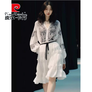 皮爾卡丹（pierre cardin）氣質(zhì)女神范法式氣質(zhì)高端精致文藝復古感印花白色雪紡連衣裙 白色短款連衣裙單件 L 【建議100-120斤】