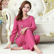 NYCKJK臺州亞麻睡衣女套裝長(cháng)袖亞麻春秋款媽媽睡衣大碼寬松棉麻長(cháng)袖膚 長(cháng)袖印花紫紅色荷花 XL