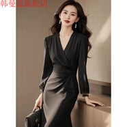 韓曼蕊早秋女神范氣質(zhì)長(cháng)裙感赫本風(fēng)收腰連衣裙 黑色連衣裙 L 105-115斤