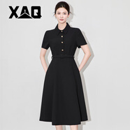 XAQ法式高端連衣裙女夏季名媛氣質(zhì)端莊大氣簡(jiǎn)約翻領(lǐng)收腰輕熟風(fēng)A字裙 黑色 L