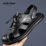 悍風(fēng)（HumgFeng）品牌涼鞋男夏季2025新品軟底羅馬洞洞鞋包頭休閑鞋開車兩用沙灘鞋 黑色 38 [標(biāo)準(zhǔn)皮鞋碼]
