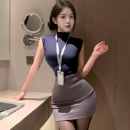 情趣秘書(shū)裝睡裙蕾絲高腰包臀裙女性感職業(yè)御姐誘惑七夕約會(huì )戰袍 灰紫套裝+T褲+工牌 保密發(fā)貨 均碼 (80-125斤)