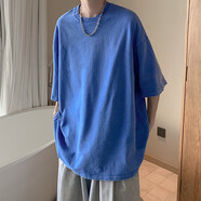主意范（ZHUYIFAN）水洗做舊短袖T恤男夏季美式hiphop潮流重磅純色休閑百搭五分袖潮 水洗藍(lán)色 M