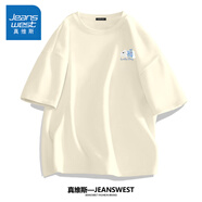 真維斯（Jeanswest）半袖男夏季大碼男士衣服男生純棉休閑短袖體恤胖子寬松男裝白t恤 淺米(慵懶小狗胸標) L (建議120斤-140斤左右)