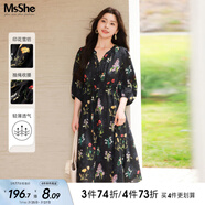 MsShe雪紡收腰碎花連衣裙大碼女裝2025夏裝胖mm巨顯瘦連衣裙子 【七分袖】雪紡連衣裙-黑色現(xiàn)貨 XL
