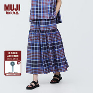 無印良品（MUJI）女式馬德拉斯格紋寬擺裙長半身裙夏款裙子半裙純棉格子裙女裝 紫色格紋 S (155/62A)