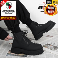 西域駱駝（VANCAMEL）真皮馬丁靴男款新款春夏季英倫風(fēng)皮鞋厚底增高黑色中幫男生皮靴子 黑色啞光加絨 （主圖款） 厚底增 39 （相當(dāng)于運(yùn)動(dòng)鞋40碼）