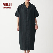 無印良品 MUJI 女式 法國亞麻水洗 五分袖開襟連衣裙 BCL08C0S 黑色 M-L