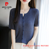 皮爾卡丹（pierre cardin）2025夏季新款V領(lǐng)短袖女薄款天絲亞麻顯瘦T恤設計感剪刀領(lǐng)針織開(kāi)衫 古堡藍 M 80-105
