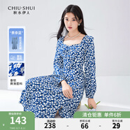 秋水伊人開(kāi)衩碎花方領(lǐng)連衣裙秋季新款女裝高腰A字雪紡裙子 花料 L
