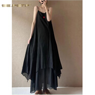 夏典素訂女王（SE.PSTP）白色加長(cháng)棉麻吊帶裙女夏季文藝仙氣飄逸雙層不規則大擺無(wú)袖連衣裙 黑色今年流行的輕奢母親女神節 L 【90-110斤】
