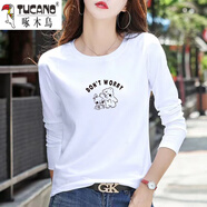 啄木鳥(niǎo)（TUCANO）女士純新疆棉打底衫女長(cháng)袖t恤秋季新款百搭時(shí)尚秋衣寬松大碼上衣 白長(cháng)袖小可愛(ài) L 100-115斤
