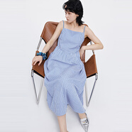 moussy 2025新品文藝田園風(fēng)格紋刺繡吊帶連衣裙028ISA33-0007 115花紋藍(lán)色 M