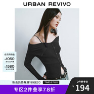 UR秋季新款女設(shè)計感翻領(lǐng)一字肩露肩修身針織衫UWJ940033 正黑 S