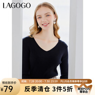 lagogo黑白雙色修身針織衫女拉谷谷春秋季新款V領(lǐng)百搭長(zhǎng)袖打底衫 黑色(W1) M 160/38