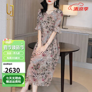 OLJ高檔品牌連衣裙女2025年夏季新款氣質(zhì)五分袖收腰印花桑蠶絲裙子 花色 S