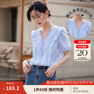 茵曼（INMAN）時(shí)尚繡花女裝立領(lǐng)襯衫洋氣寬松休閑2025夏季新款長(cháng)袖襯衣 藍色-18225312【好評返現】 XL （褲子 29碼）