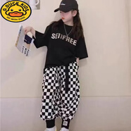 G.DUCKKIDS兒童純棉兩件套格子褲韓版短袖T恤2025春夏男童女童街舞套裝褲子 字母黑【兩件套】 150 cm 建議140-150cm年齡10-11