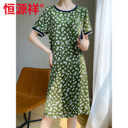 恒源祥夏季女圓領(lǐng)短袖醋酸綢緞?wù)娼z連衣裙長裙黑色蝴蝶優(yōu)雅氣質(zhì)顯瘦寬松 綠茉莉8017 2XL