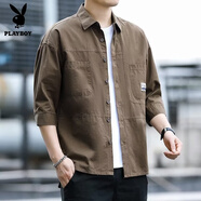 花花公子（PLAYBOY）短袖襯衫男士夏季潮流翻領(lǐng)休閑工裝寸衫棉質(zhì)七分袖襯衣男帥氣外套 咖啡色 【高品質(zhì)】 M