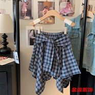 佐菲黛新款格子短裙韓版百搭春秋季不規則松緊裙高腰學(xué)生襯衫裙子舞蹈女 藍色復合格子帶安全褲 均碼
