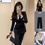 創(chuàng)京懿選職業(yè)女性穿搭夏季女春夏套裝大學生公務員面試職業(yè)裝時尚顯瘦氣質(zhì) 黑色外套+褲子+V領(lǐng)寸衫 M