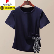 皮爾卡丹（pierre cardin）設(shè)計(jì)感百搭T恤2025夏季時尚氣質(zhì)絲巾綁帶收腰褶皺短袖T恤百搭顯瘦 藏藍(lán)色 M 80-100斤