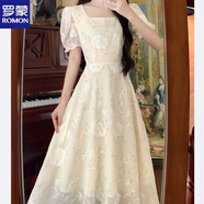 羅蒙（ROMON）法式氣質(zhì)方領(lǐng)大碼連衣裙子女夏季2025新款高級感收腰顯瘦初戀長(cháng)裙 黃色花【版 垂感好】 L 【105-115斤左右】