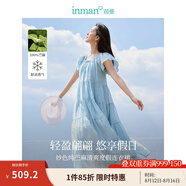 茵曼（INMAN）【苧麻】炒色度假風(fēng)連衣裙2025夏季新品女裝復(fù)古高級飛袖長裙子 古藍色內(nèi)里加長版 L